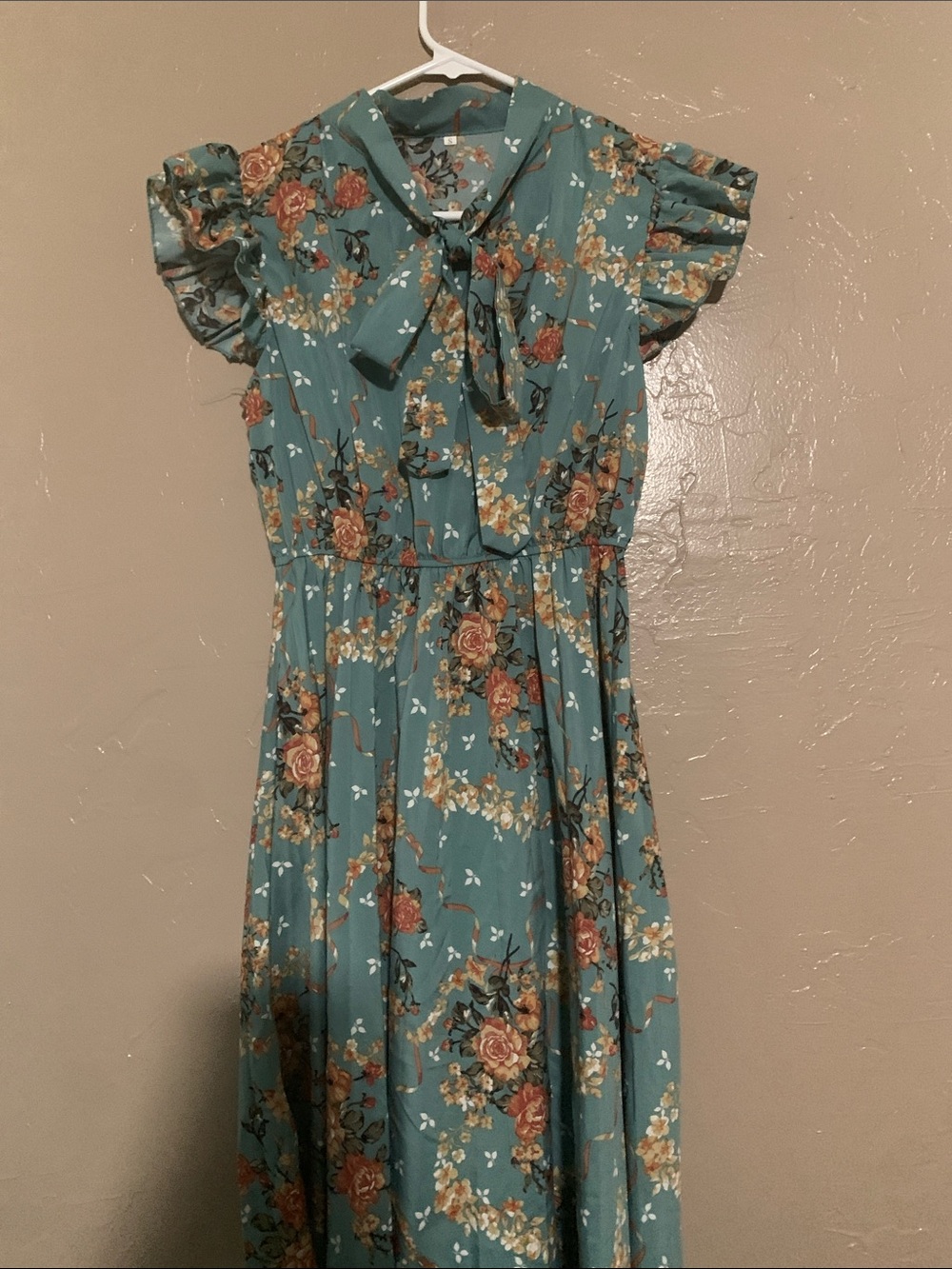 Women Teal Floral Tie-Neck Dress